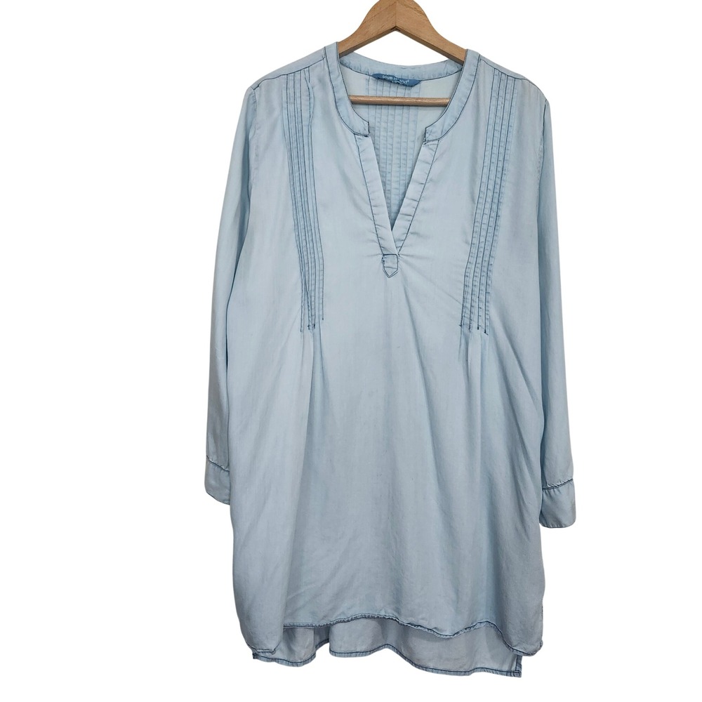 Blue Island Tunic Top OS Light Blue Tencel Pintuck V-Neck Long Sleeve Swim Cover